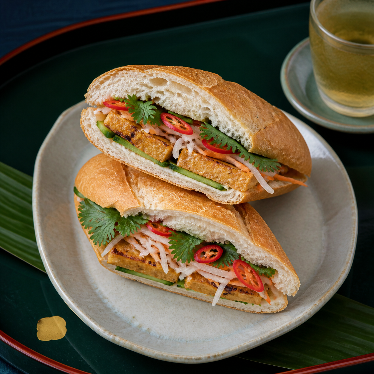 A cut bánh mì đậu hũ sandwich with marinated tofu, pickled vegetables, cucumber, cilantro, and chili.