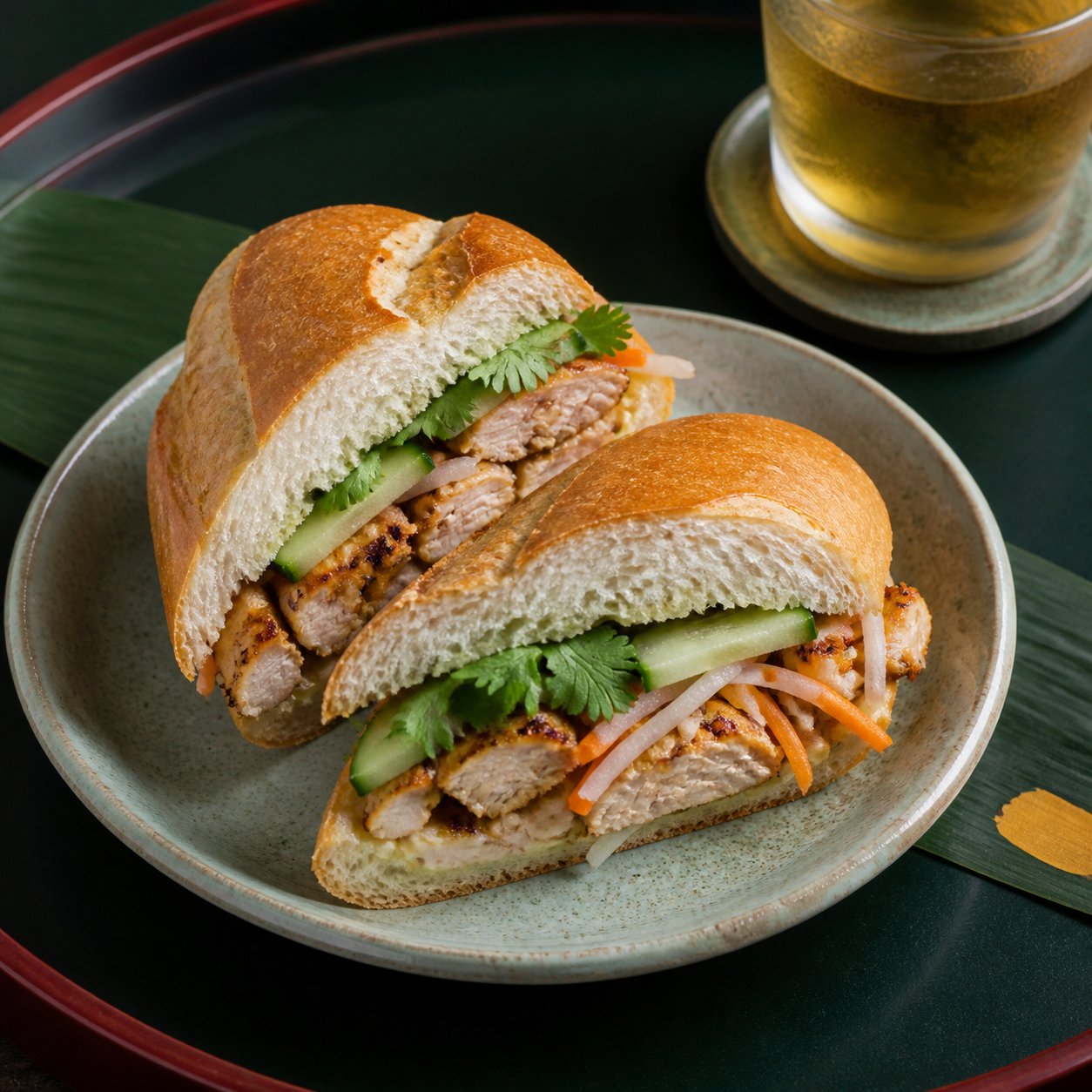 A cut bánh mì gà nướng sandwich with grilled chicken, pickled vegetables, cucumber, and cilantro.