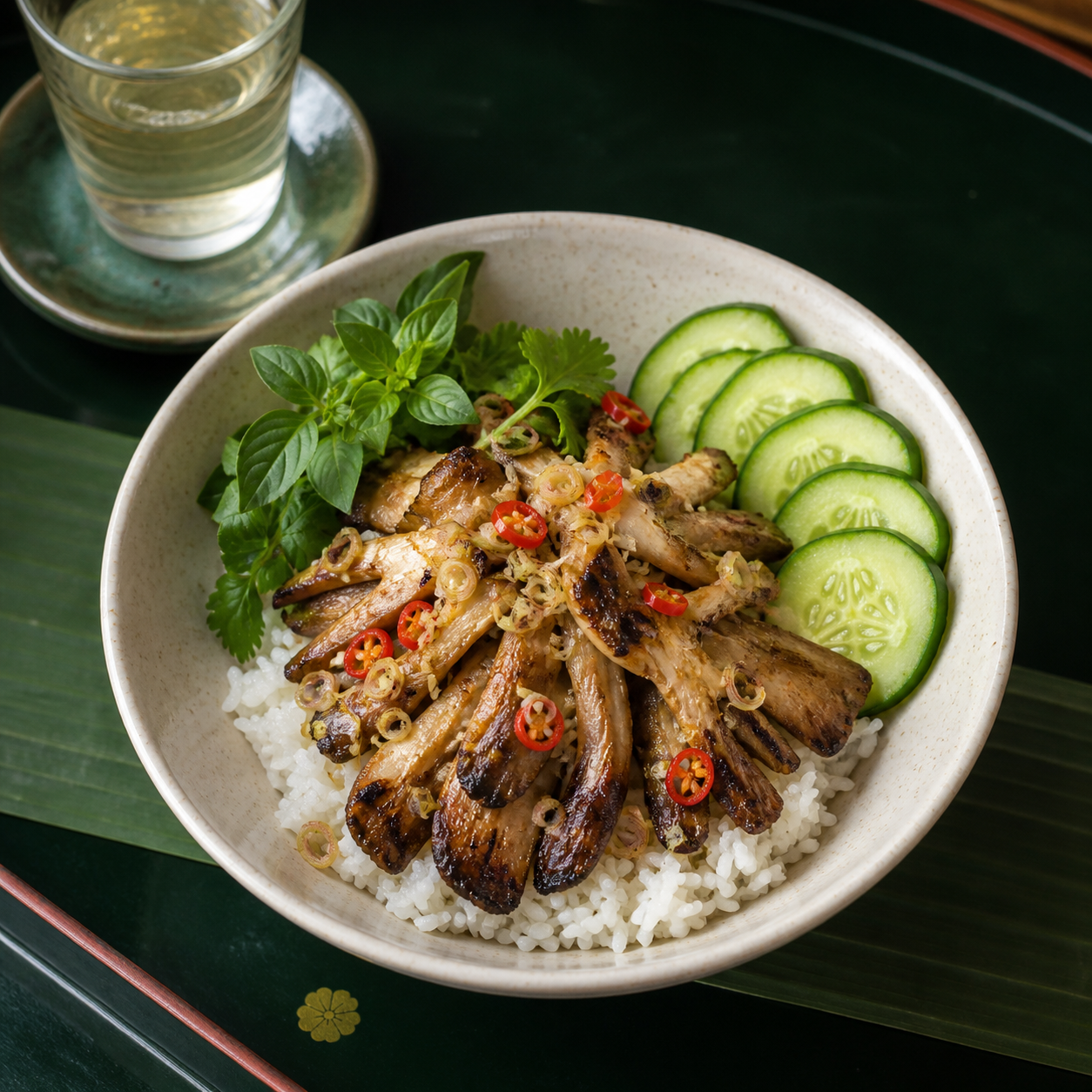 Miska cơm nấm sả ớt z grillowanymi boczniakami, ryżem jaśminowym, ogórkiem, trawą cytrynową i chili.