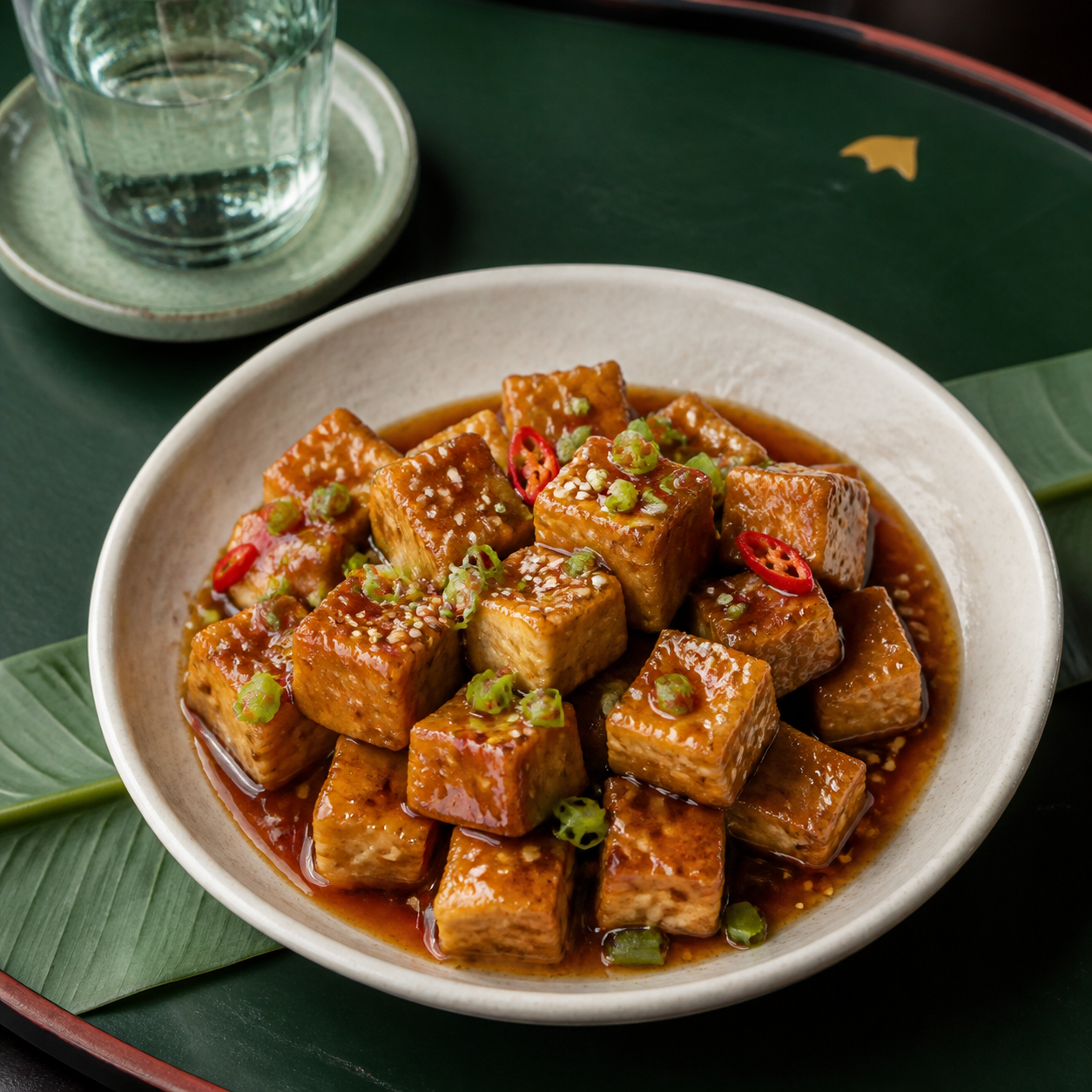 Crisp đậu hũ sốt me tofu in tamarind sauce with sesame, scallion, and fresh chili.