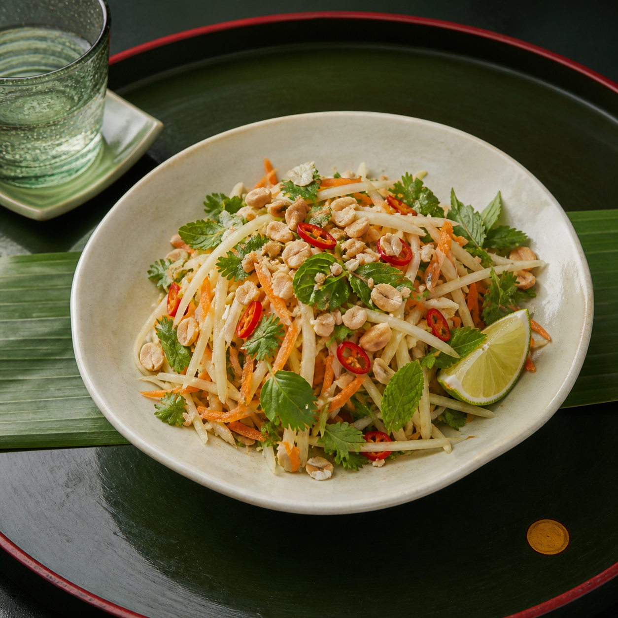 A gỏi đu đủ chay salad with green papaya, carrot, herbs, chili, lime, and toasted peanuts.